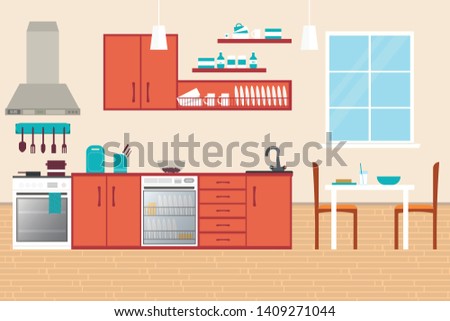 Kitchen Interior, with furniture. Flat style vector illustration.