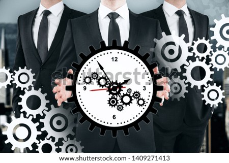 Three unrecognizable businessmen with creative gear clock on subtle background. Teamwork, time management and cogwheel concept. Multiexposure 