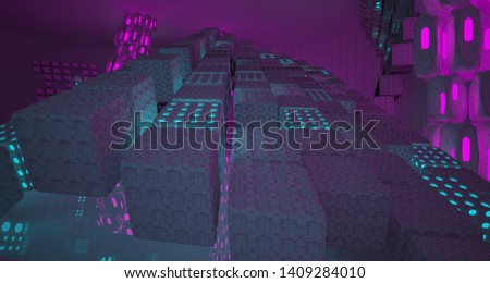 Abstract white Drawing Futuristic Sci-Fi interior With Pink And Blue Glowing Neon Tubes . 3D illustration and rendering.