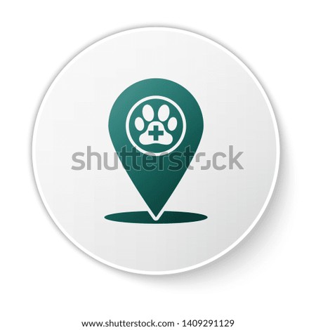 Green Map pointer with veterinary medicine hospital, clinic or pet shop for animals icon isolated on white background. Vet or veterinarian clinic. White circle button. Vector Illustration