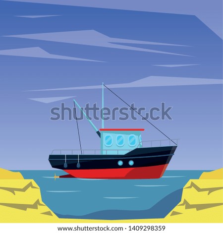 Fishing boat sea travel and work vehicle with lines and nets peninsula shore background vector illustration graphic design