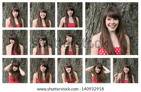 collage with 12 portraits of young beautiful girl demonstrating different emotions Royalty-Free Stock Photo #140932918