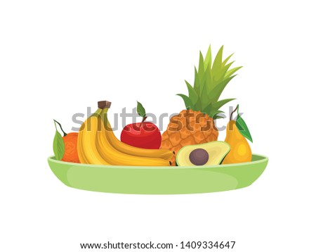 Various fruits on a plate. Vector illustration on white background.