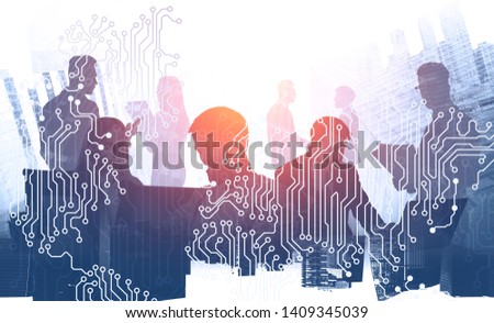 Silhouettes of business people discussing work and shaking hands over cityscape background with double exposure of world map. Technology in business concept. Toned image