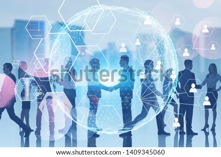 Business people communicating in blurred city with double exposure of planet hologram with social connection icons and digital screens. Toned image. Elements of this image furnished by NASA