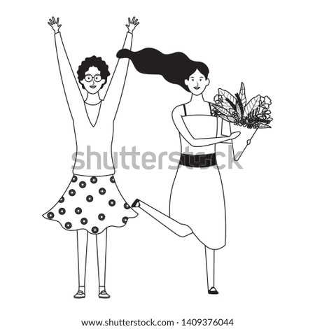 women with flower and hands up avatar cartoon character black and white vector illustration graphic design