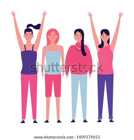 women with hands up avatar cartoon character vector illustration graphic design