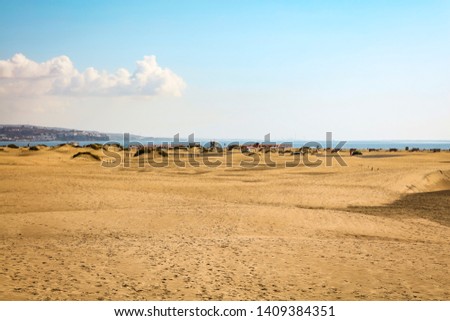 Summer background of beach with ocean and summer sky. Free space for your decoration. Gran Canaria island. Sunny day and sun light. 