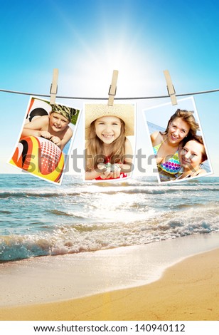 photos of holiday people hanging on clothesline with beach background