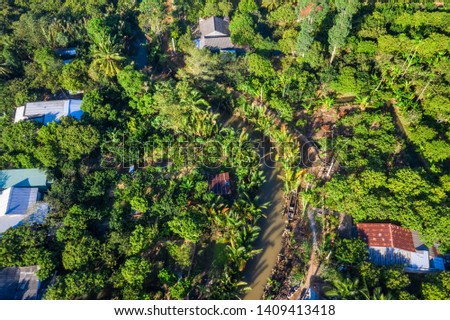 Aerial view of tourists from China, Korea, America, Russia experiencing a basket boat tour at Phung island or Con Phung in Ben Tre, Vietnam. Mekong Delta