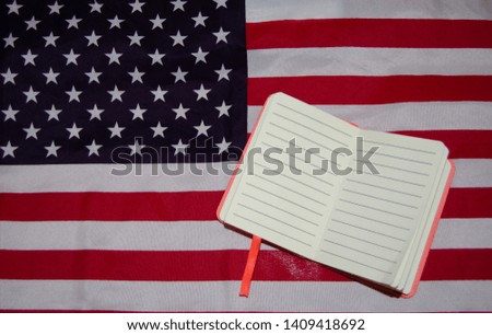 Usa flag with notebook, diary , copy space.