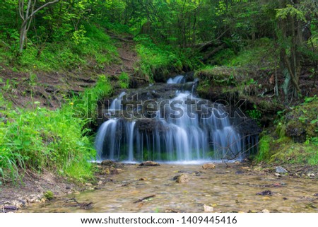 Waterfall on Gremuchy creek in the forest. Zhukovsky district, Kaluga region.