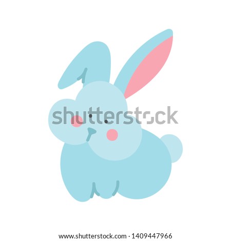 Cute isolated blue rabbit with pink cheeks. Sticker, patch, badge, pin or tattoo. White background. Doodle style illustration. Vector.
