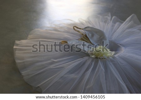 white tutu decorated  with white peony for classical ballet isolated on grey floor