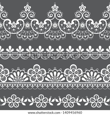 Vintage lace seamless vector pattern, ornamental repetitive design with flowers and swirls in white on gray background. Beautiful laces frame, retro textile decoration with repetitive graphics 