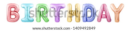 Word BIRTHDAY made of colorful inflatable balloons isolated on white background. Helium balloons forming word BIRTHDAY