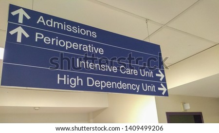 admissions and perioperative / ICU directions sign in a hospital