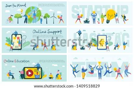 Vector illustration of the office concept business people in the flat style.Save the planet, Online education, Hashtag, Start up and team work business concept
