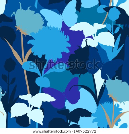 Monotone blue color Modern and silhouette of protea floral and botanical plants seamless pattern in stylish vector pop art style design for fashion,fabric,web,wallpaper, and all prints 