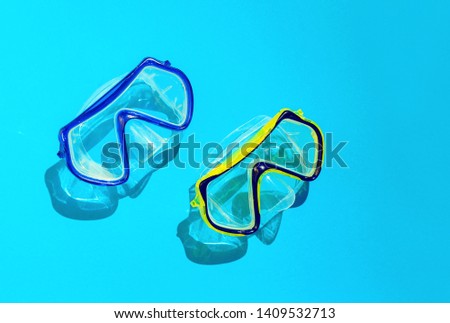 Yellow and Blue Underwater Goggles, flat layer, top view