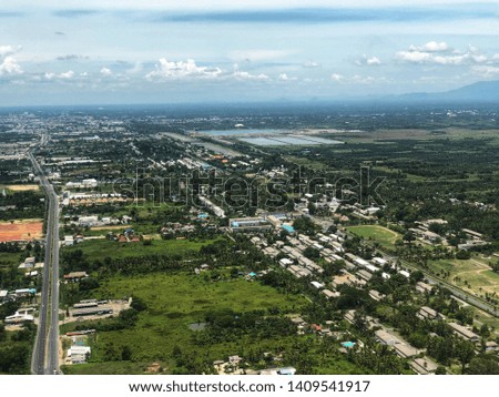 Aerial view or the bird eye view of Nakon Sri Thammarat Cityscape. Landscape photography of the big and the southern  city of Thailand