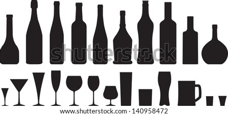 wine glass and bottle silhouettes set
