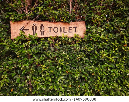An outdoor wooden toilet sign hanging on the tree fences. Garden, Hideaway.