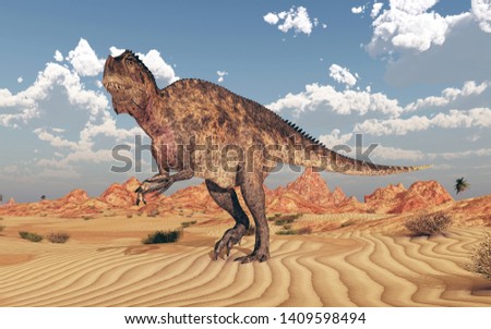 Dinosaur Acrocanthosaurus in a desert landscape 
Computer generated 3D illustration
