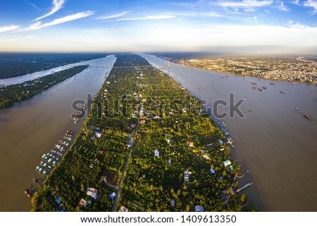 Aerial view of the coconut farms, durian farms in Phung island or Con Phung, Ben Tre, Vietnam. Mekong Delta