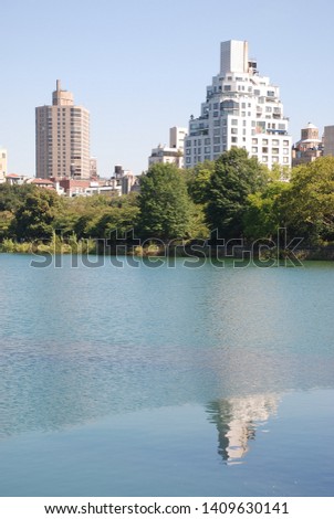 Reflection in lake of Central Park New York City, Manhattan