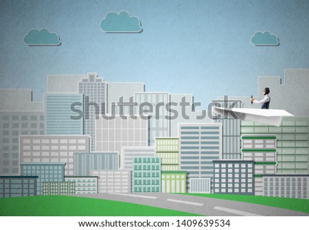 Businessman in aviator hat and goggles sitting in paper plane. Happy pilot driving paper plane on background of cartoon business center with high skyscrapers and office buildings.