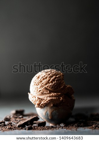 One scoop of Chocolate Ice cream and chocolate cookies on table with chiaroscuro picture style with copy space for add text. 