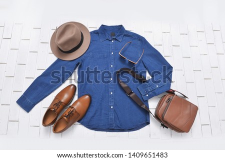 long sleeve blue jeans Shirt, handbag, shoes, sunglasses ,hat for Men 


