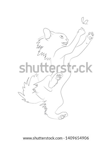
vector illustration of a cat that hunts for a butterfly, drawing lines, vector, white background