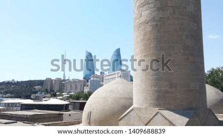 amazing view from "içeriseher" the old city of Baku capital of Azerbaijan and main city on the Caspian Sea nicknamed "Dubai of the east"  showing the palace of shirvanshahs and the epic flame towers 