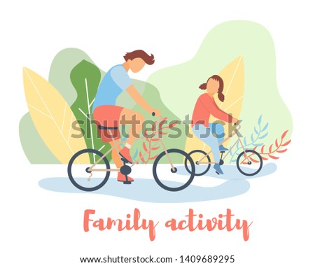 Cartoon flat characters doing modern sport activity,landing page,sales flyer banner poster,web online concept of healthy lifestyle summer design.Flat cartoon family boy girl training,riding on bikes