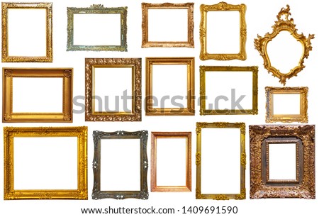 collection of isolated old fashioned empty art frames in different shapes