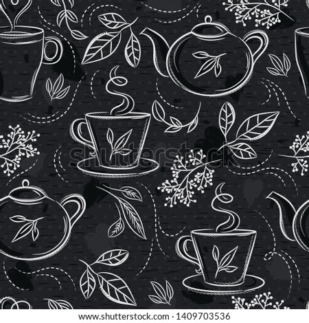 Seamless patterns with tea set, cup, teapot, leafs, flower and text on chalkboard. Background with tea set. Ideal for printing onto fabric and paper or scrap booking.
