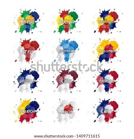Set of paint splatters and spills in different countries flags colors with a soccer ball opacity and the name of each country in spanish.  Football Championship. Brazilian Soccer cup.