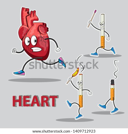 character heart runs after him chasing cigarettes with matches in his hands. Vector image. eps