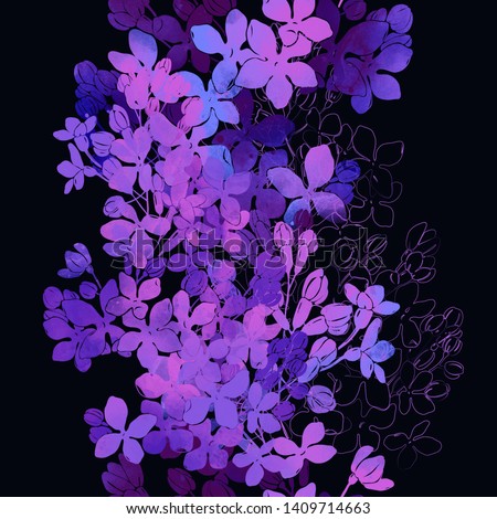 imprints blooming lilac mix repeat seamless pattern. digital hand drawn picture with watercolour texture. mixed media artwork. endless motif for textile decor and botanical design 
