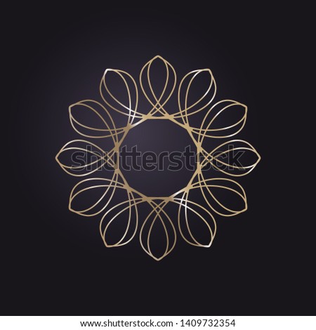 Decorative round gold frame for design with a abstract floral ornament. Circle frame. Elegant element for printing of cards, invitations, books, for textiles, engraving, forging. Vector.