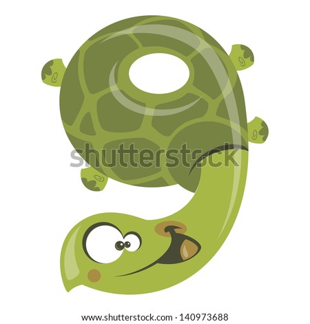 Number 9 funny cartoon smiling green turtle