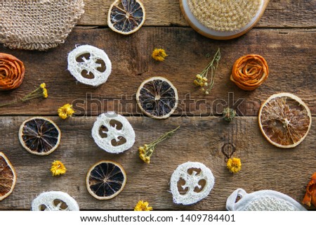Various spa and beauty threatment eco products on wooden background