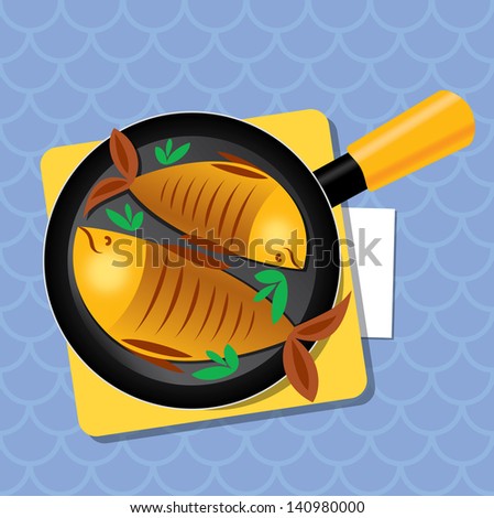 Fried fish on a pan. Vector layered file