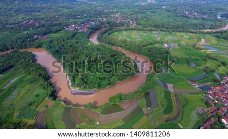 village with river, fields, residence and beauty panoramic view from above with aerial drone