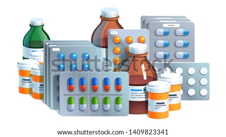 Various meds. Pills, capsules blisters, glass bottles with liquid medicine & plastic tubes with caps. Drug medication & supplements collection. Realistic flat style vector object illustration Royalty-Free Stock Photo #1409823341