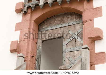 Medieval wooden door of a castle with red decorations (Germany, Europe)