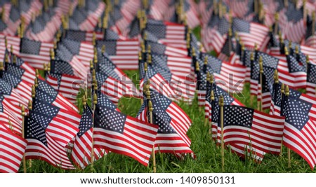 Large Group of American Flags on Grass Background