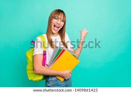 Close up photo beautiful she her lady yelling bast test results arms hands school colored notebooks staff modern backpack wear specs casual white t-shirt isolated teal green background